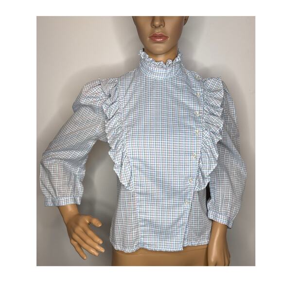 Vintage 1980s Stuart Lang Ruffle blue white Plaid High Neck Prairie Blouse small - Picture 16 of 16